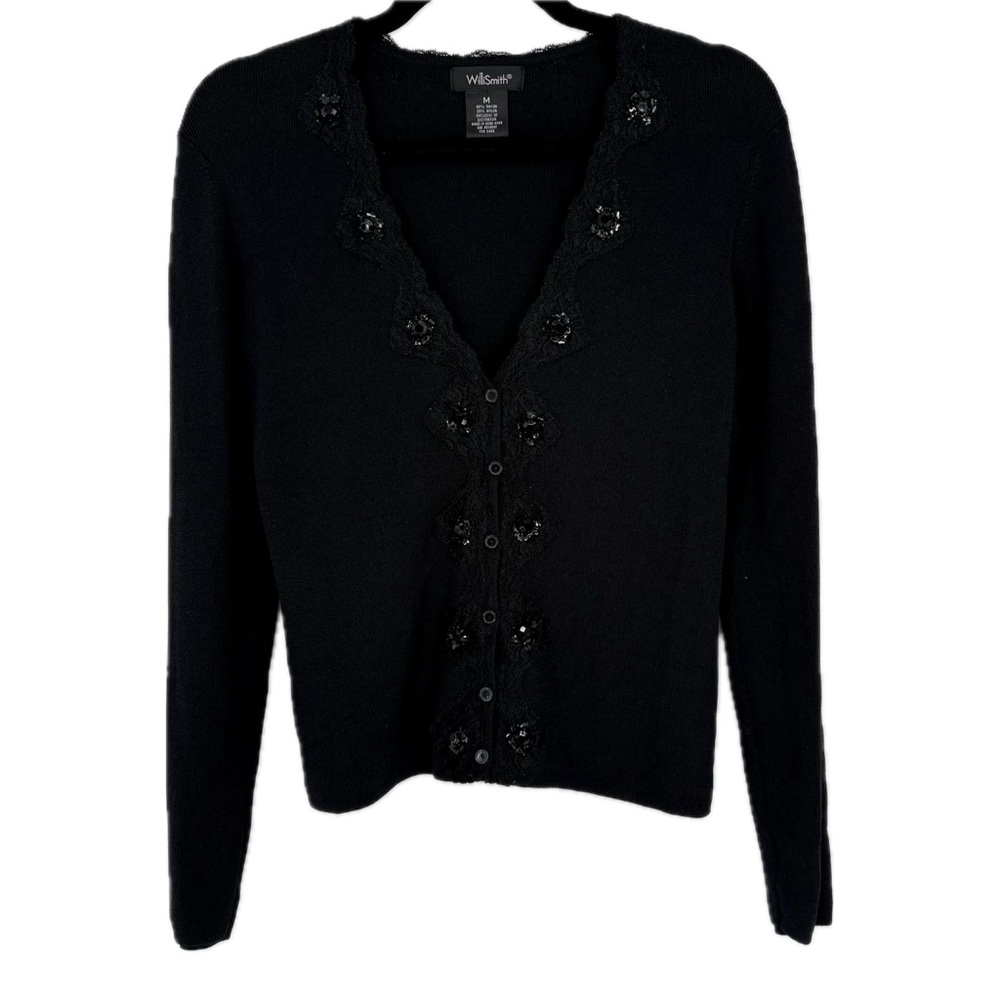 Vintage Willi Smith Sequin Trim Women's Black Cardigan Sweater Holiday Party